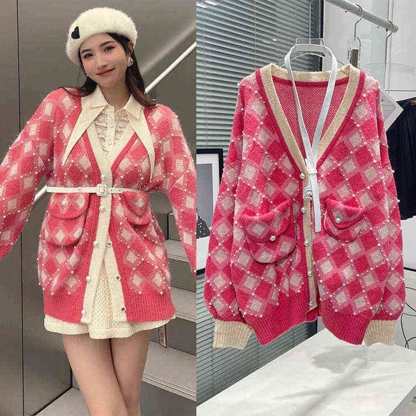 spring new lf rose pink plaid pearl belt v-neck lantern sleeve wool cardigan sweater coat, White
spring new lf rose pink plaid pearl belt v-neck lantern sleeve wool cardigan sweater coat, White