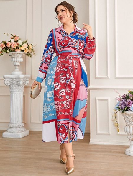plus floral & paisley print belted shirt dress r1xh#, Black