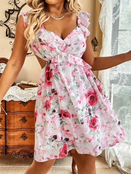 random floral print ruffle trim tie backless dress y1yy#, Black;gray 
random floral print ruffle trim tie backless dress y1yy#, Black;gray