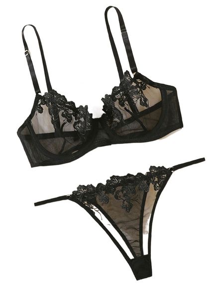 embroidered mesh underwire lingerie set y5wp#, Black;red