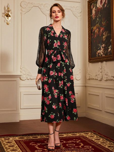 floral print lace panel bishop sleeve dress x1dz#, Black;gray
floral print lace panel bishop sleeve dress x1dz#, Black;gray