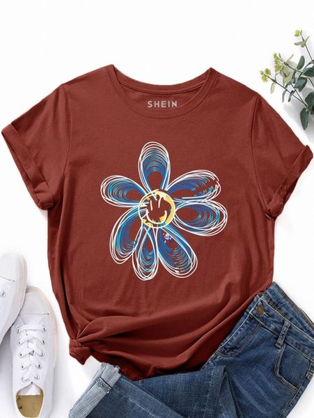 cartoon and floral print tee u3g4#, White 
cartoon and floral print tee u3g4#, White