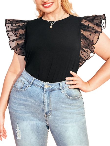 plus mesh polka dot butterfly sleeve e4u7#, Black