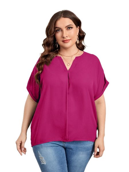 plus notched neck batwing sleeve roll cuff blouse s9ck#, Black