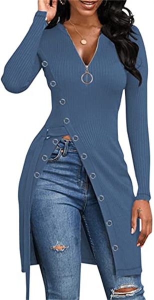 women's & tees zipper v-neck ribbed knit long-sleeve side slit hem shirt, and t-shirt, White
women's & tees zipper v-neck ribbed knit long-sleeve side slit hem shirt, and t-shirt, White