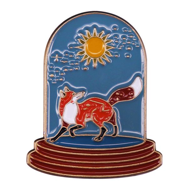 fox brooch sun badge vintage art metal enamel pin, Blue 
fox brooch sun badge vintage art metal enamel pin, Blue
