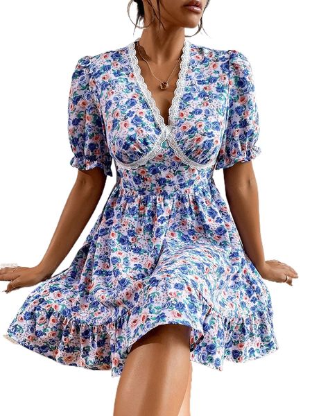allover floral print puff sleeve guipure lace detail ruffle hem dress n6d5#, Black;gray
allover floral print puff sleeve guipure lace detail ruffle hem dress n6d5#, Black;gray