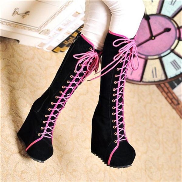 whole- 2015 new ladies punk rock goth women high platform wedge heels faux suede lace up fahsion knee high boots creepers shoe193b, Black
whole- 2015 new ladies punk rock goth women high platform wedge heels faux suede lace up fahsion knee high boots creepers shoe193b, Black