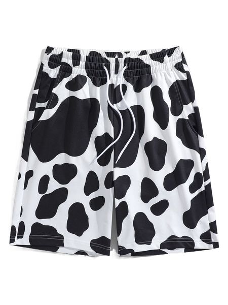 men random cow print drawstring waist shorts d54o#, White;black