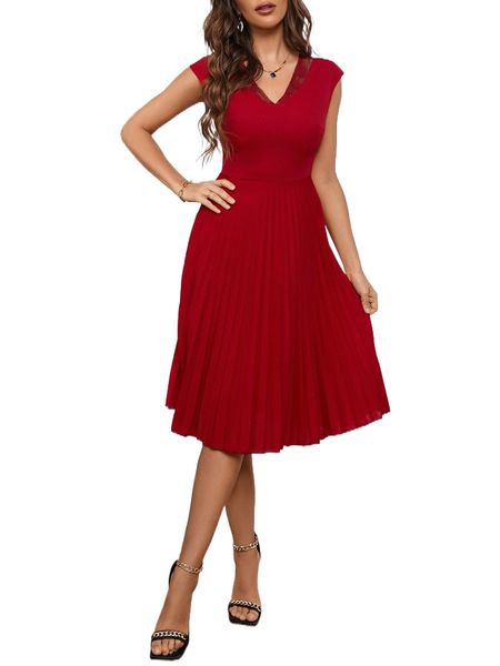 contrast mesh pleated dress 43nx#, Black;gray