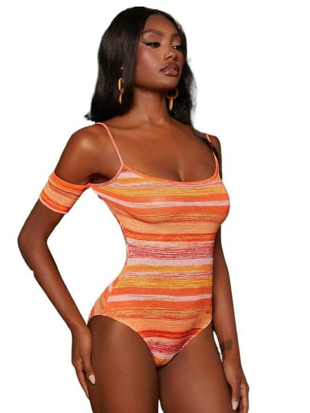 newness striped print cold shoulder bodysuit 88cd#, White