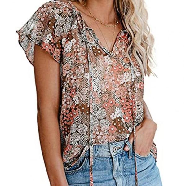 women's t-shirt 2022 summer t shirt women ruffled short sleeve for v neck cotton blend ladies femme t-shirts, White 
women's t-shirt 2022 summer t shirt women ruffled short sleeve for v neck cotton blend ladies femme t-shirts, White