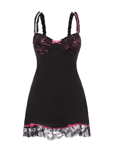contrast lace bow front ruffle hem satin cami dress without arm sleeves t6w0#, Black;gray
contrast lace bow front ruffle hem satin cami dress without arm sleeves t6w0#, Black;gray