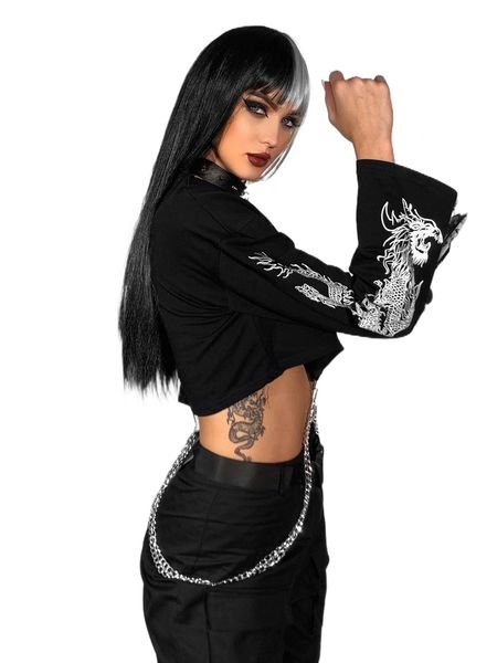 chinese dragon print drop shoulder crop pullover with o-ring chain 99vo#, Black
chinese dragon print drop shoulder crop pullover with o-ring chain 99vo#, Black