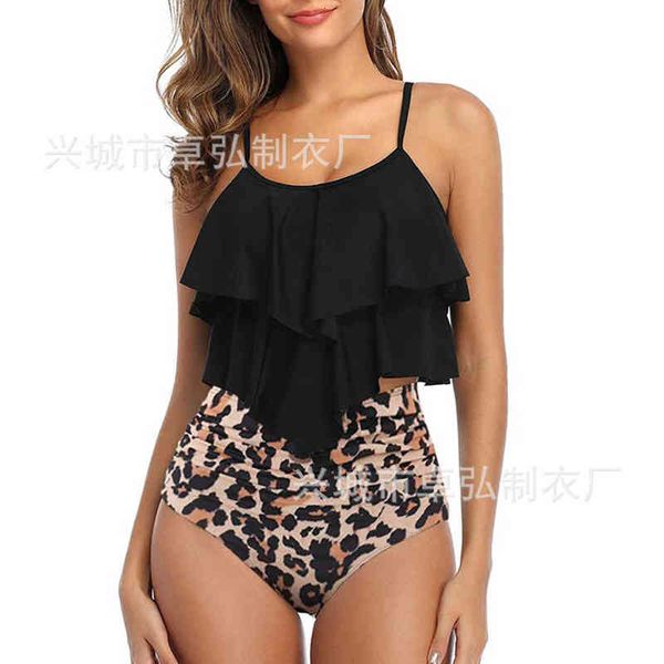 women's conservative swimsuit lotus leaf split swimsuit bikini, White;black