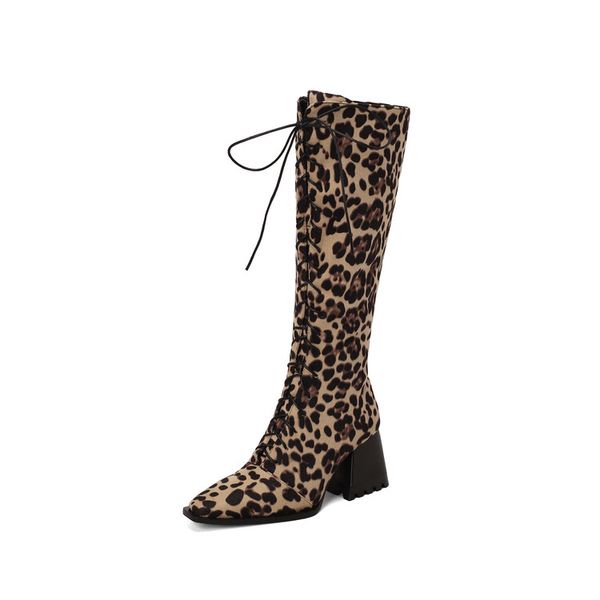 2022 women's boots autumn winter new european and american fashion leopard print thickened high heel front lace side zipper over the kn, Black
2022 women's boots autumn winter new european and american fashion leopard print thickened high heel front lace side zipper over the kn, Black