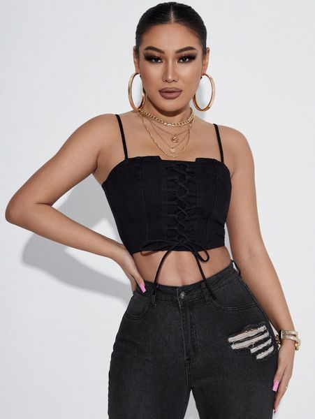 sxy lace up front denim cami r6ll#, White