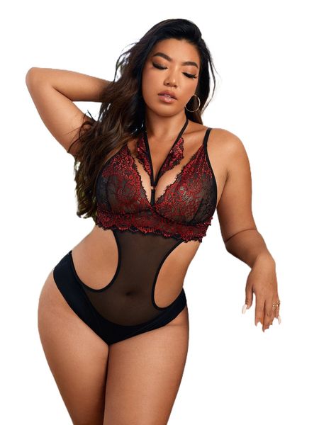 plus eyelash lace panel cut out teddy bodysuit h7nb#, Black;white