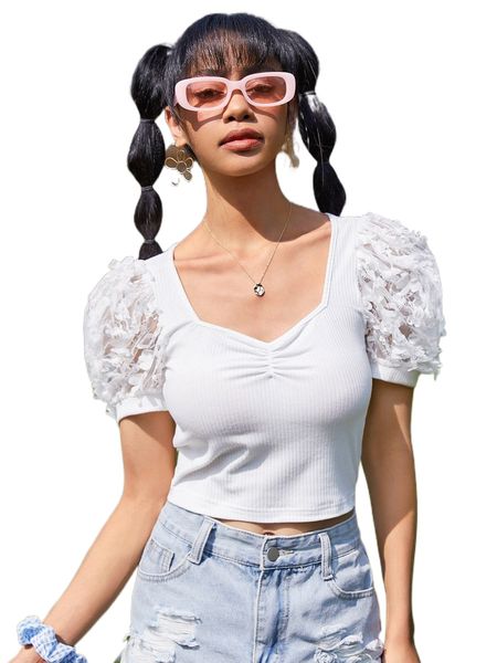 ruched sweetheart neck contrast lace puff sleeve tee j0n4#, White 
ruched sweetheart neck contrast lace puff sleeve tee j0n4#, White