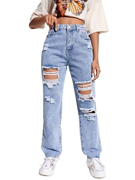 high waist ripped straight leg jeans u7b4#, Blue