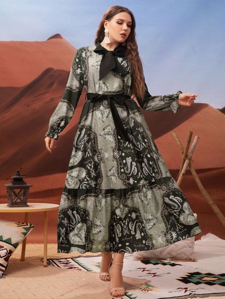 plus paisley print tie neck flounce sleeve ruffle hem belted dress m6ad#, Black
plus paisley print tie neck flounce sleeve ruffle hem belted dress m6ad#, Black