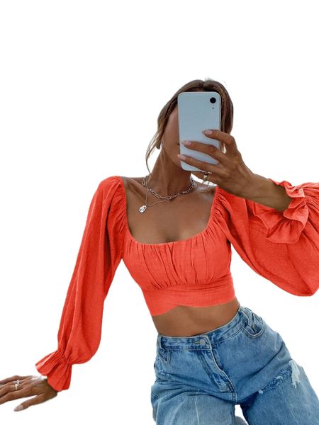 square neck flounce sleeve tie back crop milkmaid blouse q8uh#, White