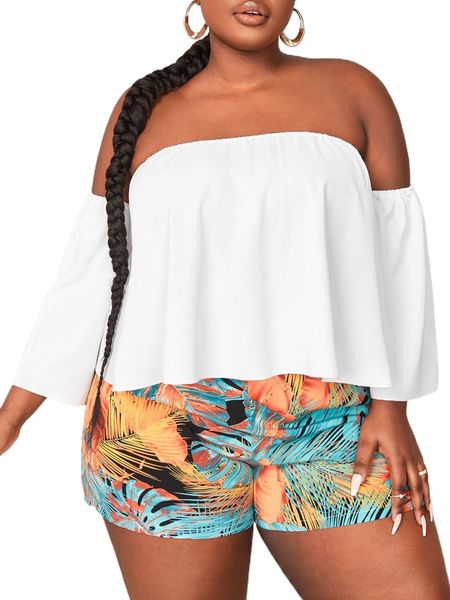 plus off shoulder solid blouse s7y8#, Black