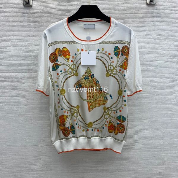 women's t-shirt summer horsehead chain decorative printing silk elastic satin stitched thread knitted short sleeve round neck t-shirt, White
women's t-shirt summer horsehead chain decorative printing silk elastic satin stitched thread knitted short sleeve round neck t-shirt, White