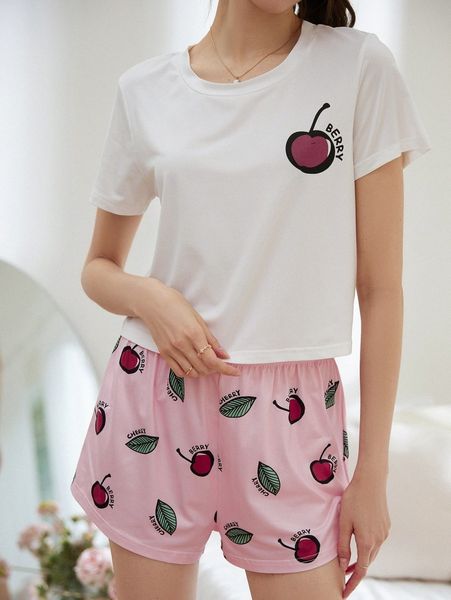 cherry & letter graphic pj set g9r7#, Black;red 
cherry & letter graphic pj set g9r7#, Black;red