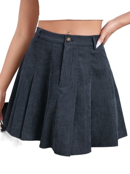 high waist pleated corduroy skirt k86v#, Black