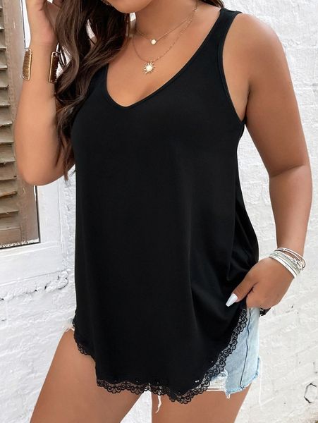 plus lace panel tank u8uf#, Black