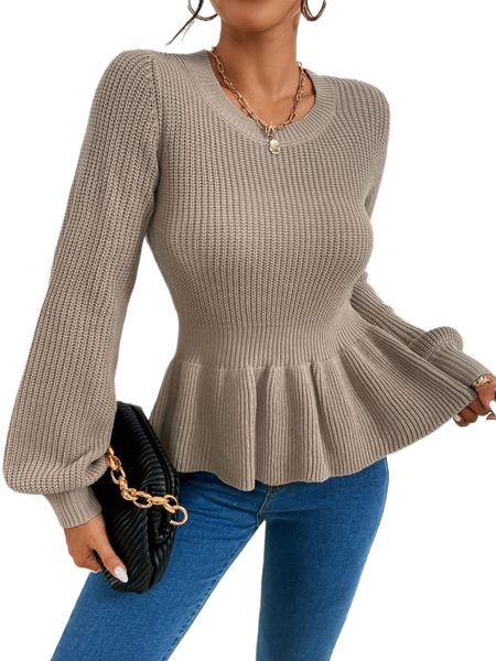 lantern sleeve ruffle hem sweater 38o9#, White;black 
lantern sleeve ruffle hem sweater 38o9#, White;black