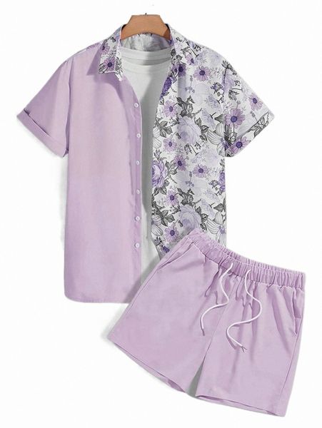 men random floral print shirt & drawstring waist shorts without tee v6vk#, Gray
men random floral print shirt & drawstring waist shorts without tee v6vk#, Gray