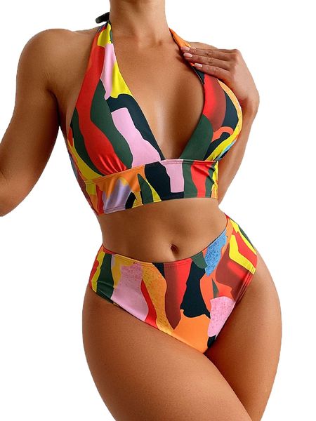allover print halter bikini swimsuit w8f8#, White;black