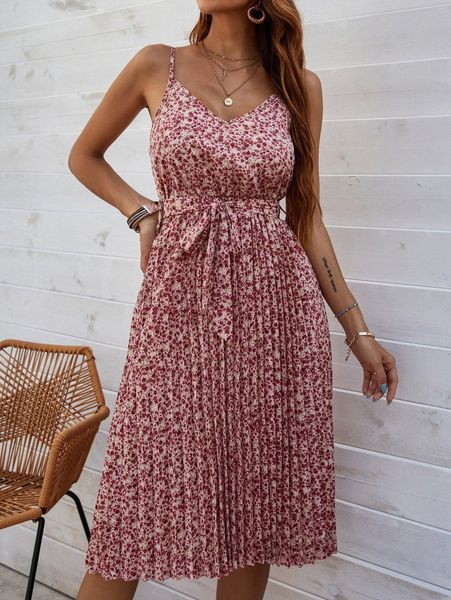 ditsy floral belted pleated dress 04fm#, Black;gray