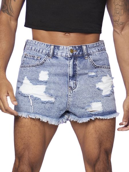 men ripped raw trim denim shorts b45c#, White;black