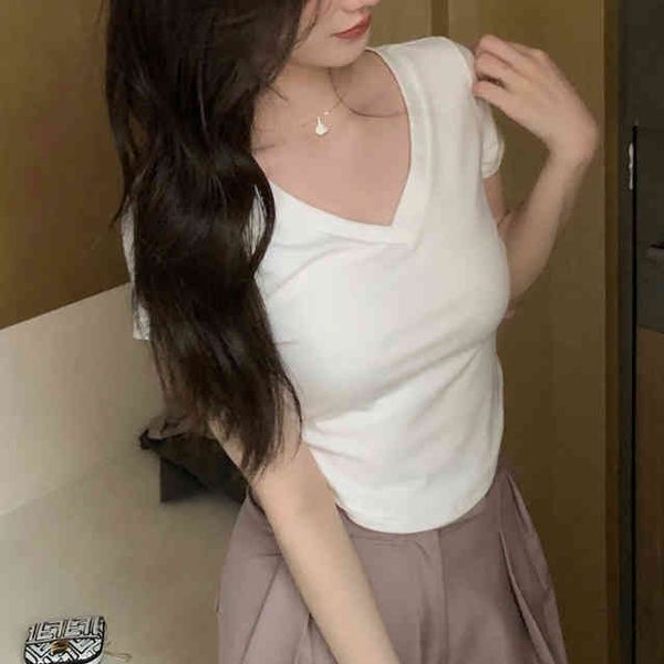 women's t-shirt 2022 summer pure slim v-neck short sleeve t-shirt small slightly drunk irregular high waist thin rtoi, White
women's t-shirt 2022 summer pure slim v-neck short sleeve t-shirt small slightly drunk irregular high waist thin rtoi, White