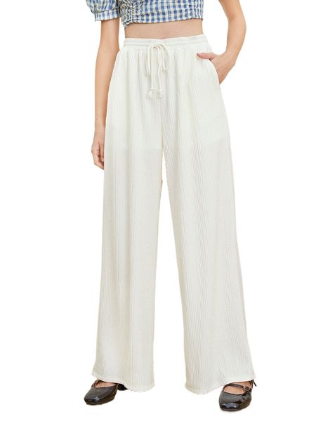 drawstring waist slant pocket wide leg pants u4po#, Black;white