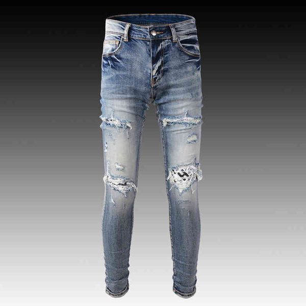 men's jeans spring and summer fashion brand high street washing men's wear-out hole patch slim fitting leggings elastic cowboy pan, Blue
men's jeans spring and summer fashion brand high street washing men's wear-out hole patch slim fitting leggings elastic cowboy pan, Blue