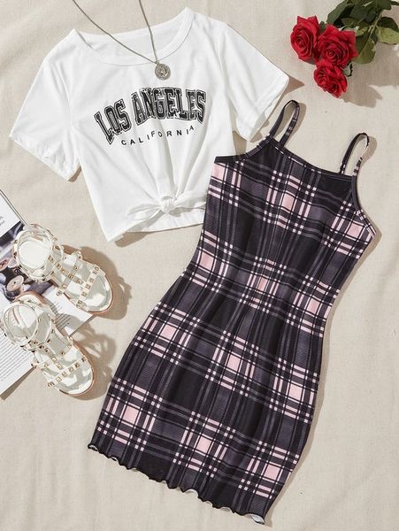 girls letter graphic tie hem tee & plaid cami dress she, White
girls letter graphic tie hem tee & plaid cami dress she, White