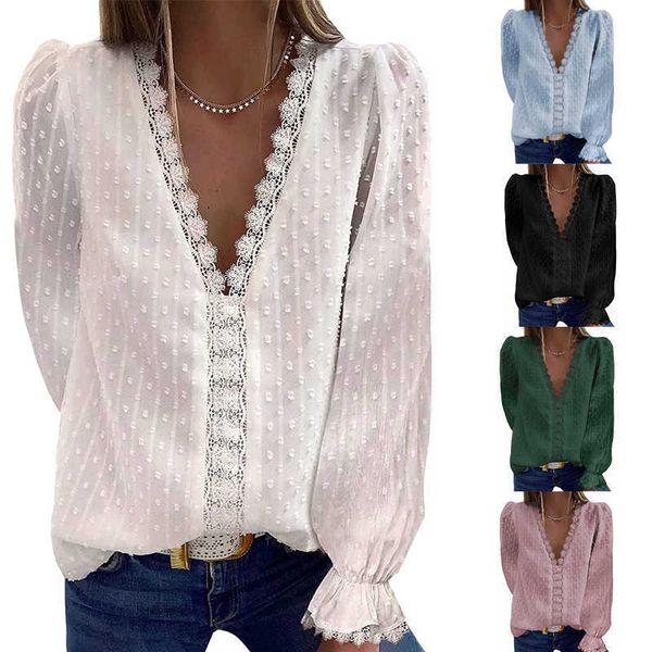 2022 new women's long sleeved lace shirt women's loose deep v pullover solid color t-shirt, White
2022 new women's long sleeved lace shirt women's loose deep v pullover solid color t-shirt, White