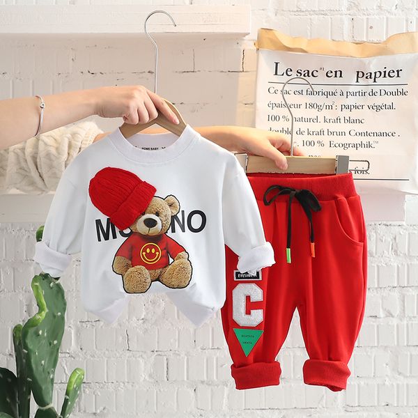 

2022 Spring Children Outfits Autumn Baby Boys Girls Clothing Sets Toddler Kids Sportswear Infant Cartoon Bear T Shirt Pants, Red