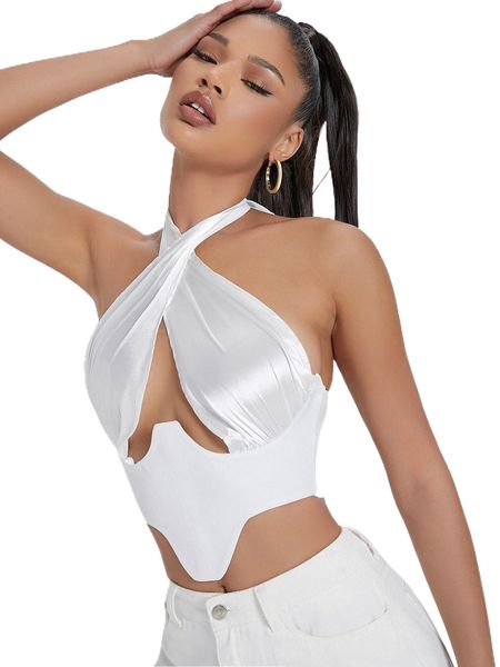 satin crisscross self-tie underbust crop t432#, White