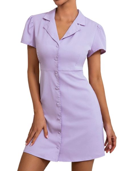 button front puff sleeve shirt dress w0pj#, Black;gray