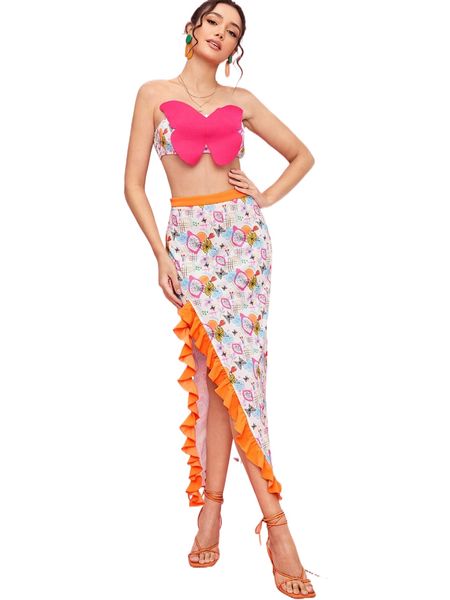 x amof butterfly & floral print crop tube & ruffle trim split thigh skirt m9gj#, White
x amof butterfly & floral print crop tube & ruffle trim split thigh skirt m9gj#, White