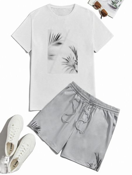 men tropical print tee & shorts j8e8#, Gray