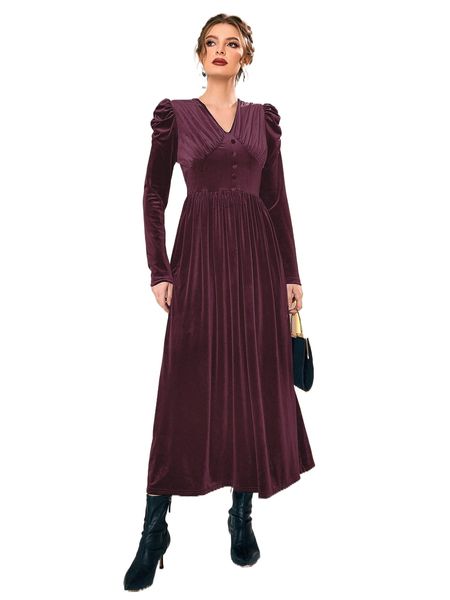 empire waist puff sleeve velvet dress 21dp#, Black;gray