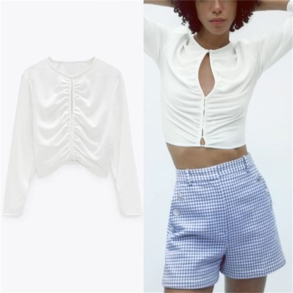 spring ruched cropped blouse women long sleeve o -neck vintage draped woman chic button up white blouses 210524
spring ruched cropped blouse women long sleeve o -neck vintage draped woman chic button up white blouses 210524