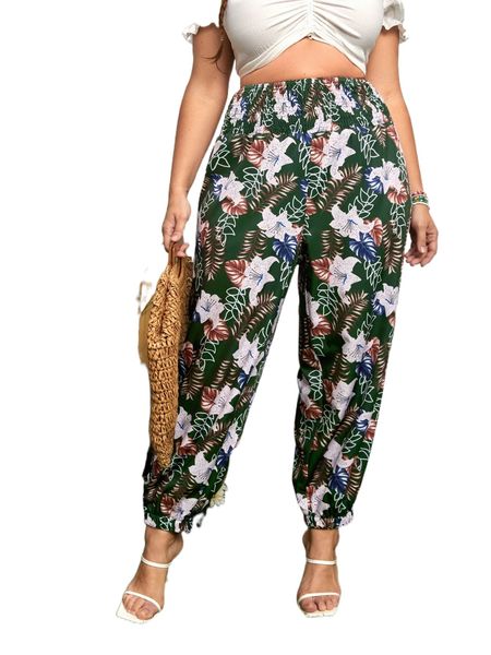 plus tropical print shirred waist pants c1wt#, Black