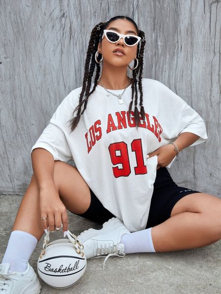 plus letter graphic drop shoulder oversized tee 55kb#, Black
